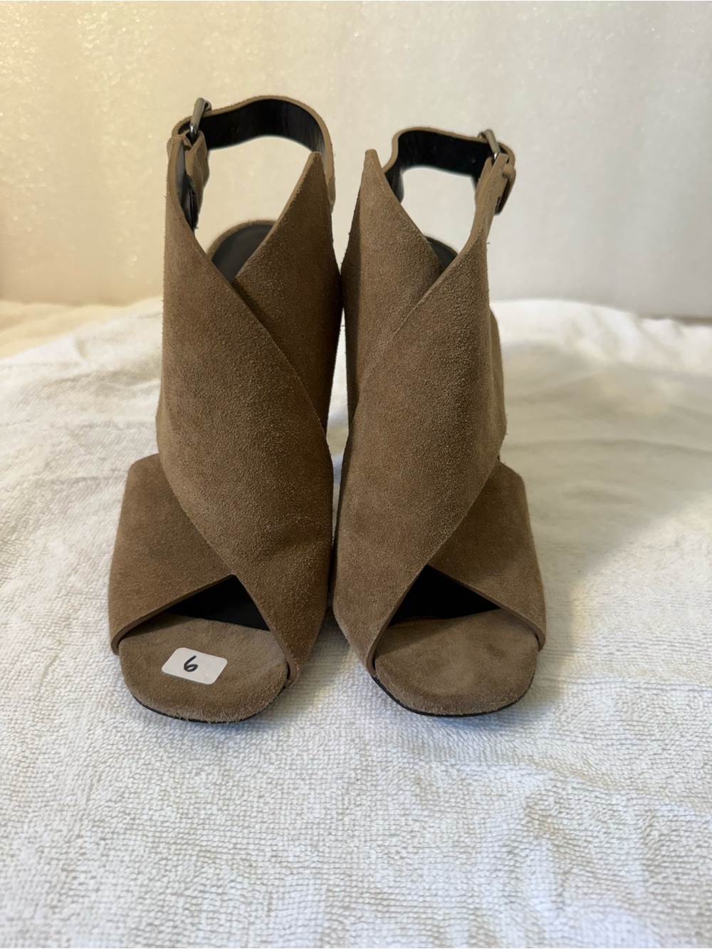 All Saints Brown Suede Crossover Peep-Toe Slingback Heels